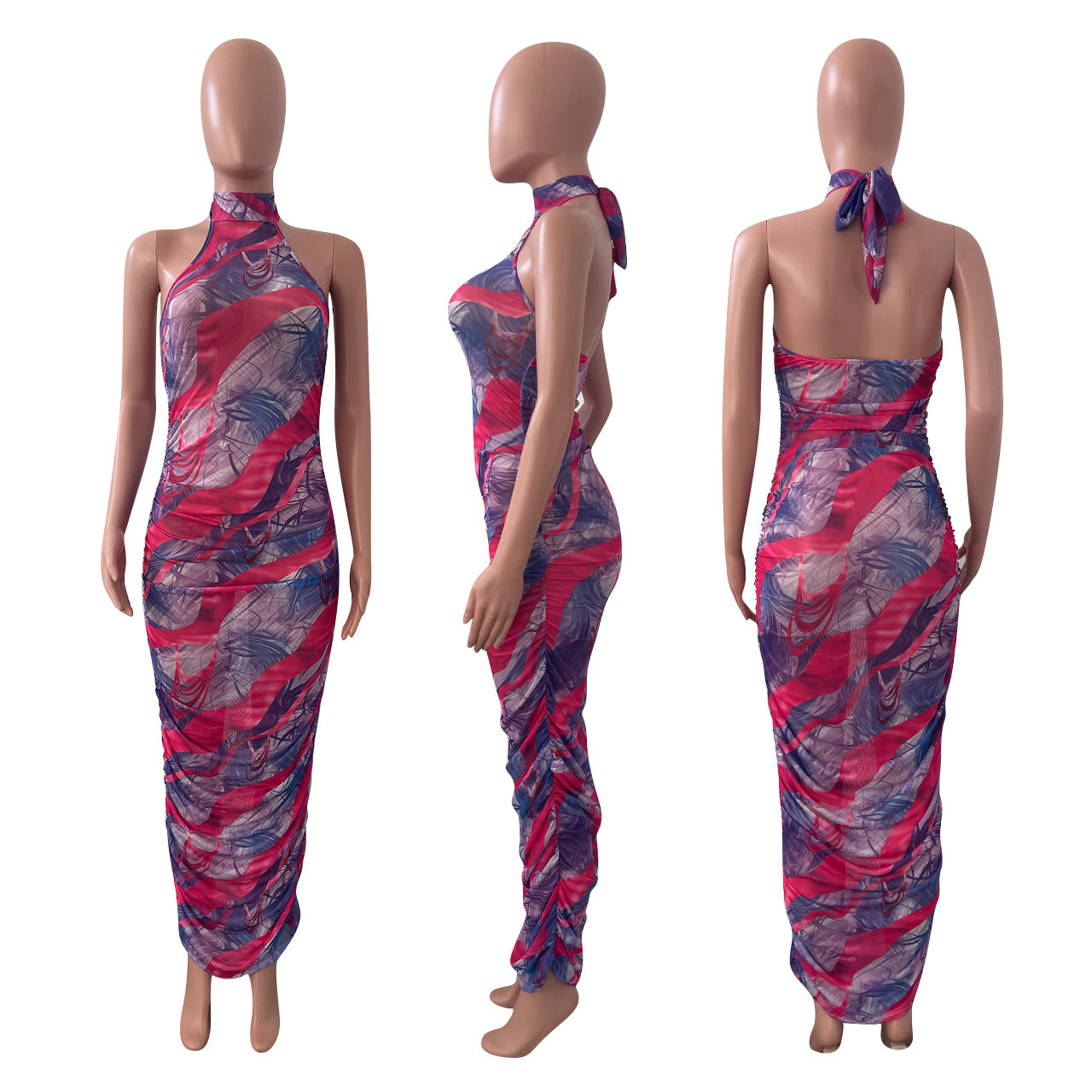 Sexy Sexy Mesh Print Halter Ruched Maxi Dress