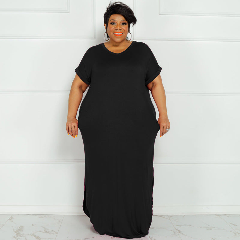 Sexy Plus Size Solid Short Sleeve Split Maxi Dress