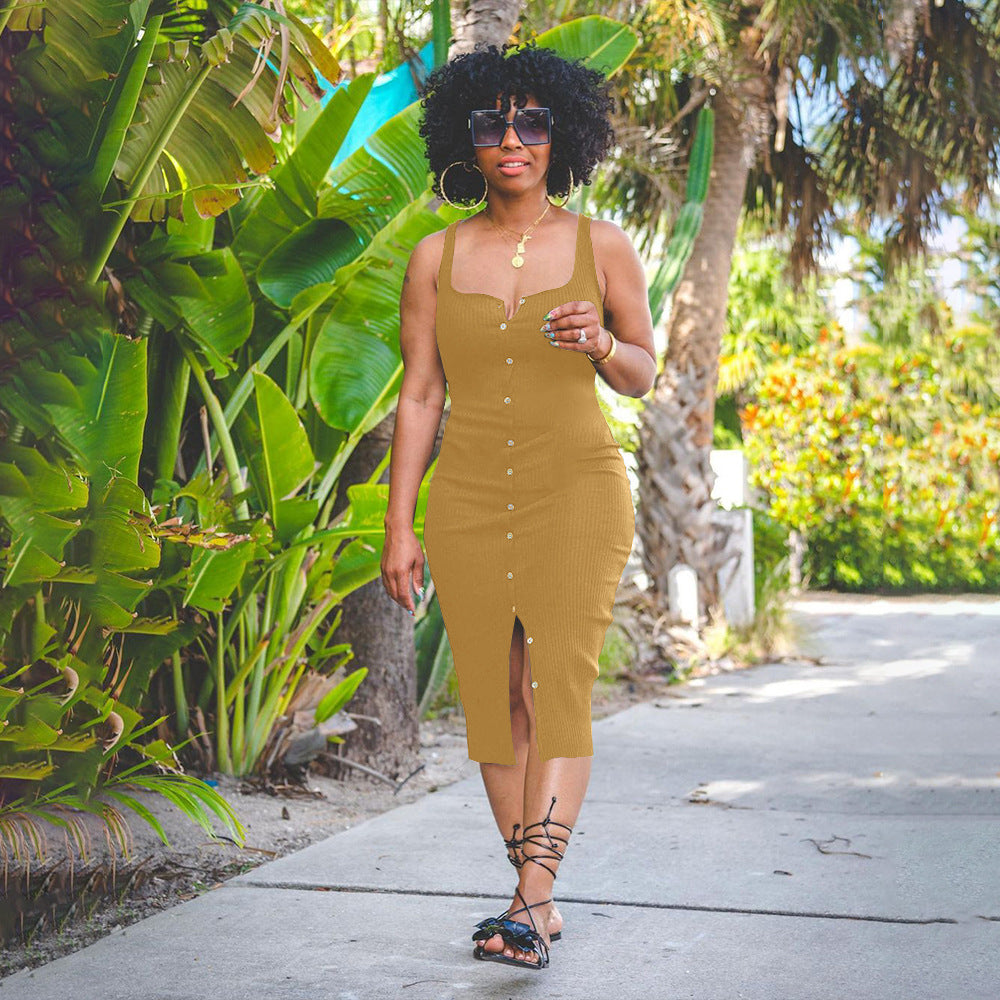Sexy Solid Sleeveless Slim Midi Dress
