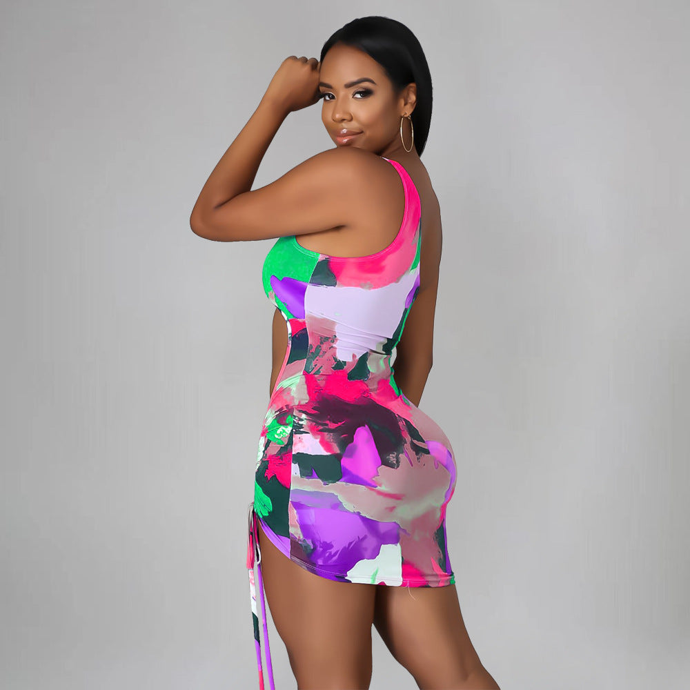 Sexy Sexy Printed One Shoulder Drawstring Hollow Mini Dress