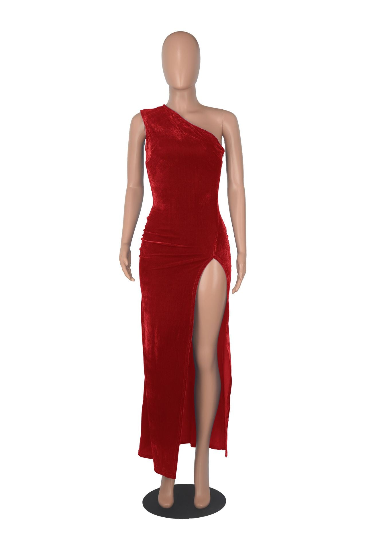 Sexy Sexy Velvet Sleeveless One Shoulder Split Maxi Dress