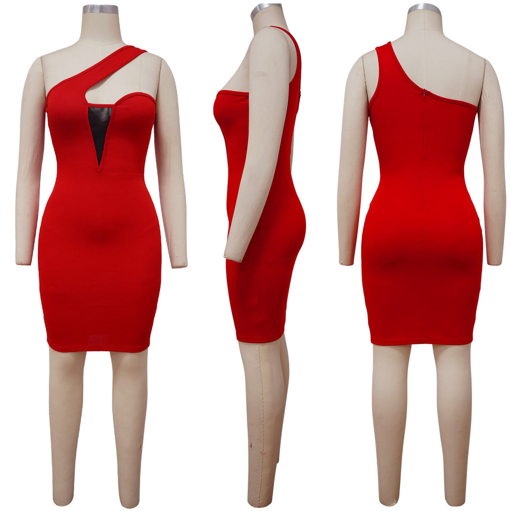 Sexy Irregular Solid Color Mesh Splice Slim Midi Dress