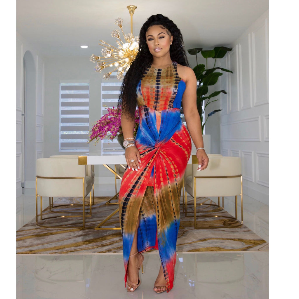 Sexy Tie Dye Print Sleeveless Maxi Dress