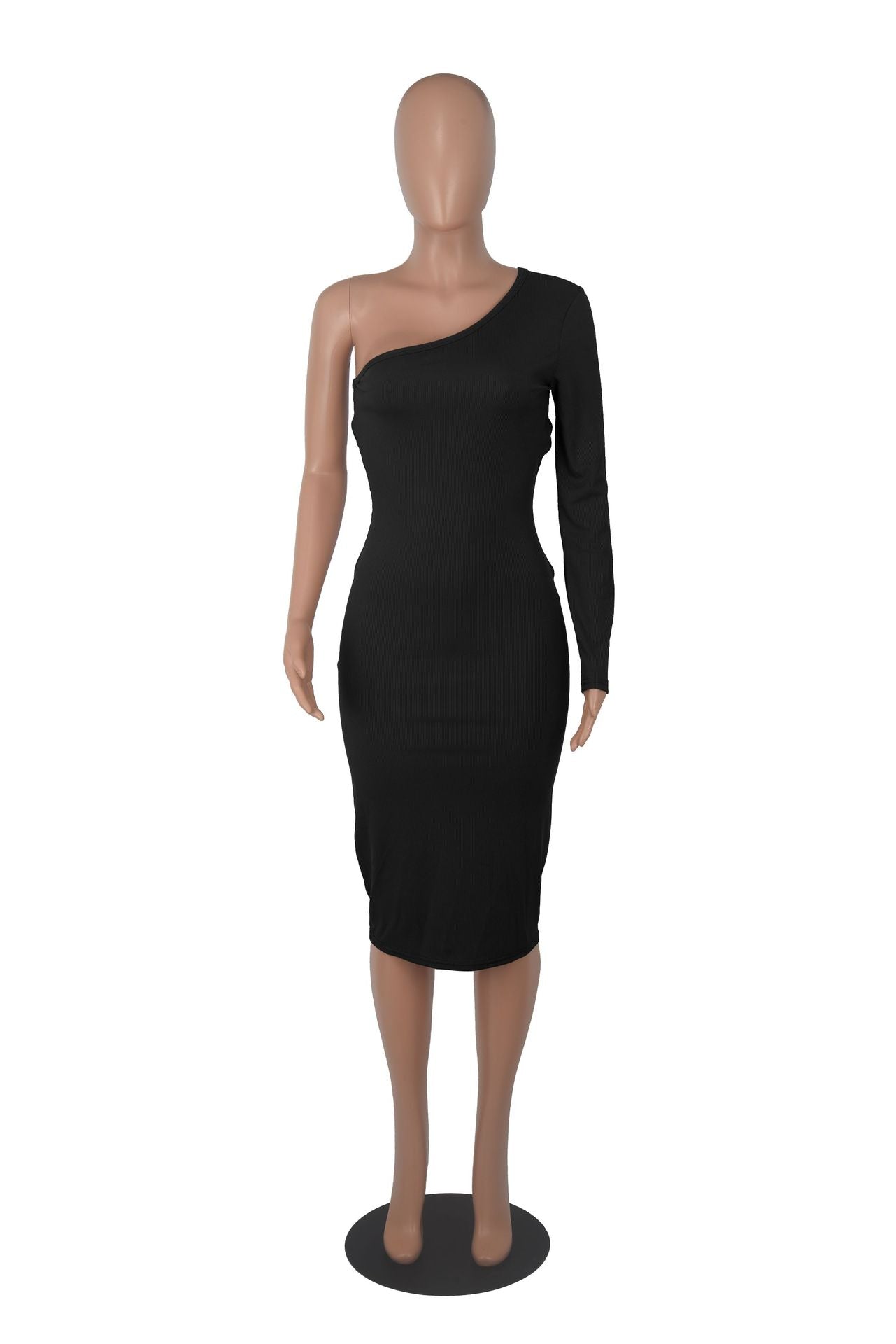 Sexy Solid One Shoulder Long Sleeve Slim Midi Dress