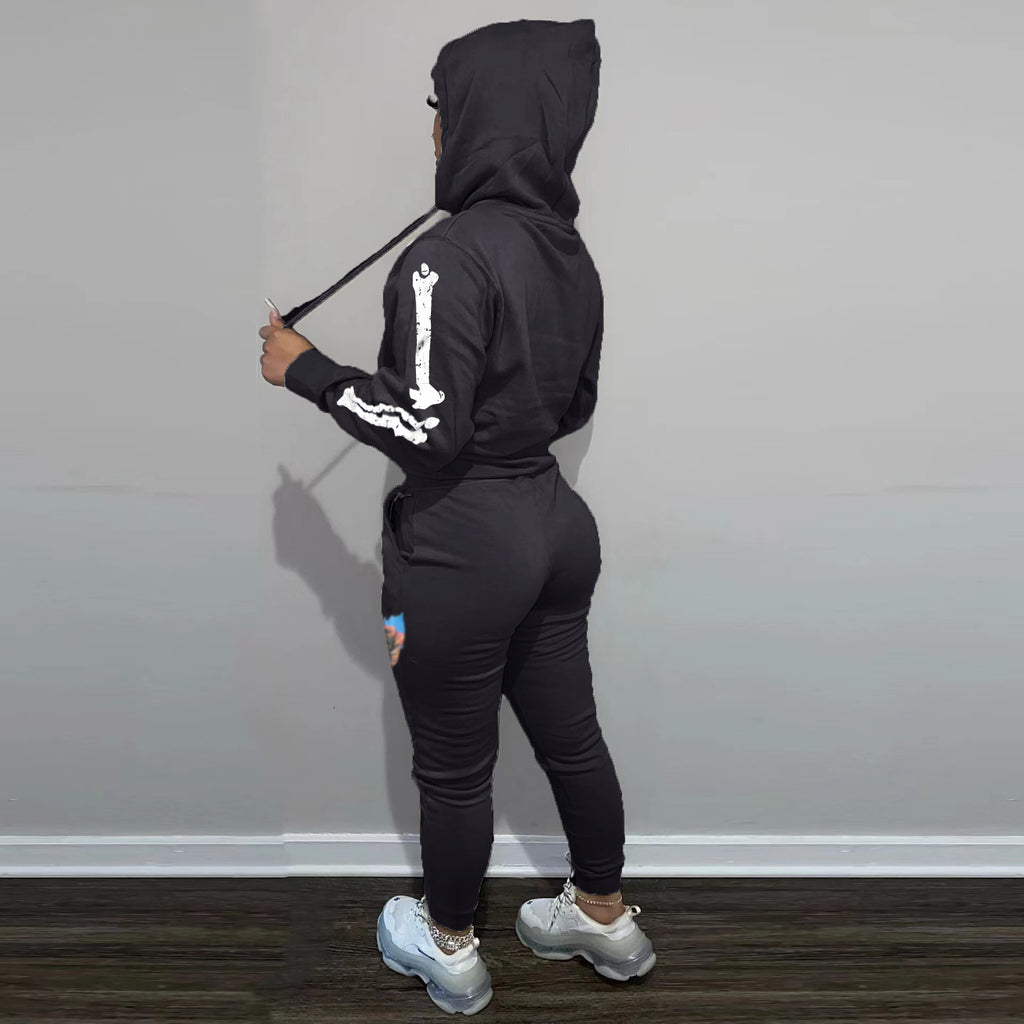 Sexy Skull Print Long Sleeve Hooded Two Piece Set