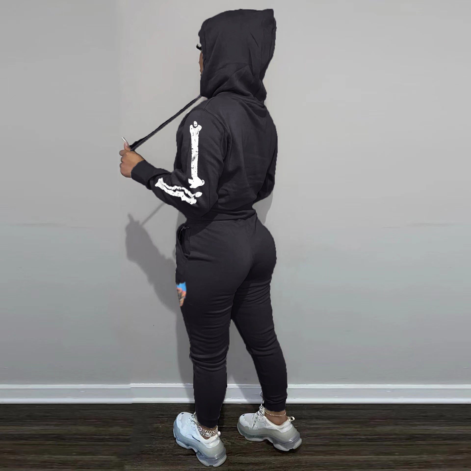 Sexy Skull Print Long Sleeve Hooded Two Piece Set