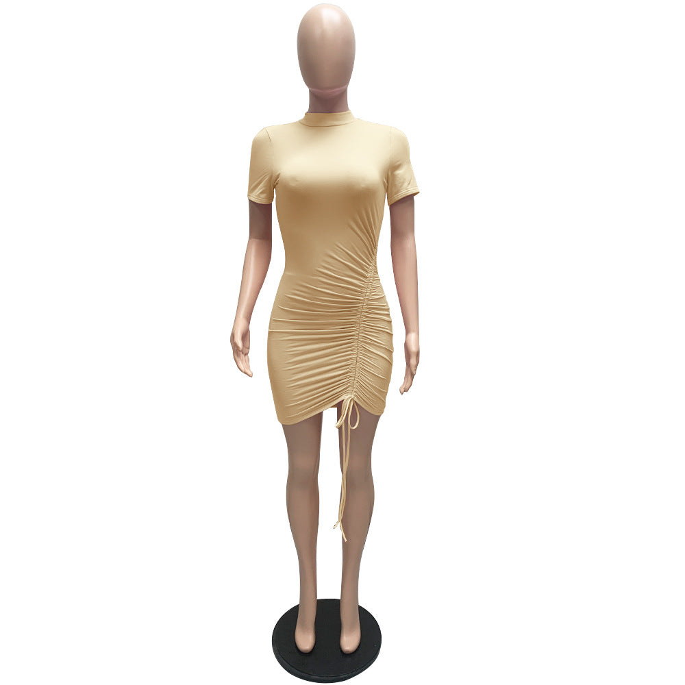 Sexy Solid Short Sleeve Drawstring Slim Mini Dress