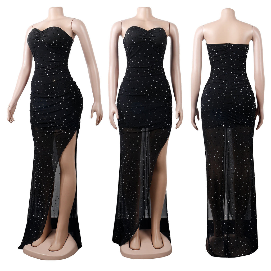 Sexy Plus Size Sexy Slim Tube Top Split Hot Diamond Maxi Dress