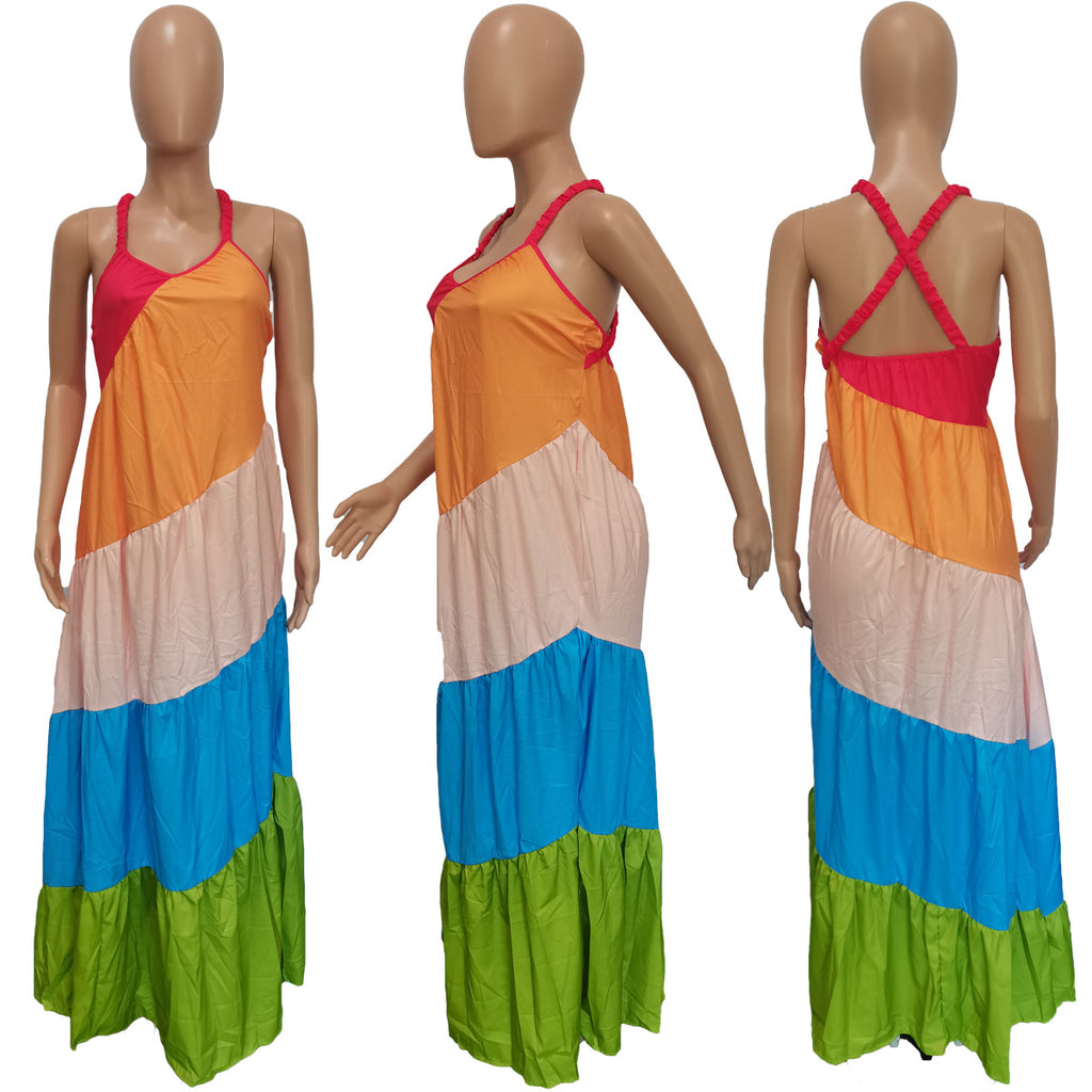 Sexy Contrast Color Big Swing Cross Strap Maxi Dress