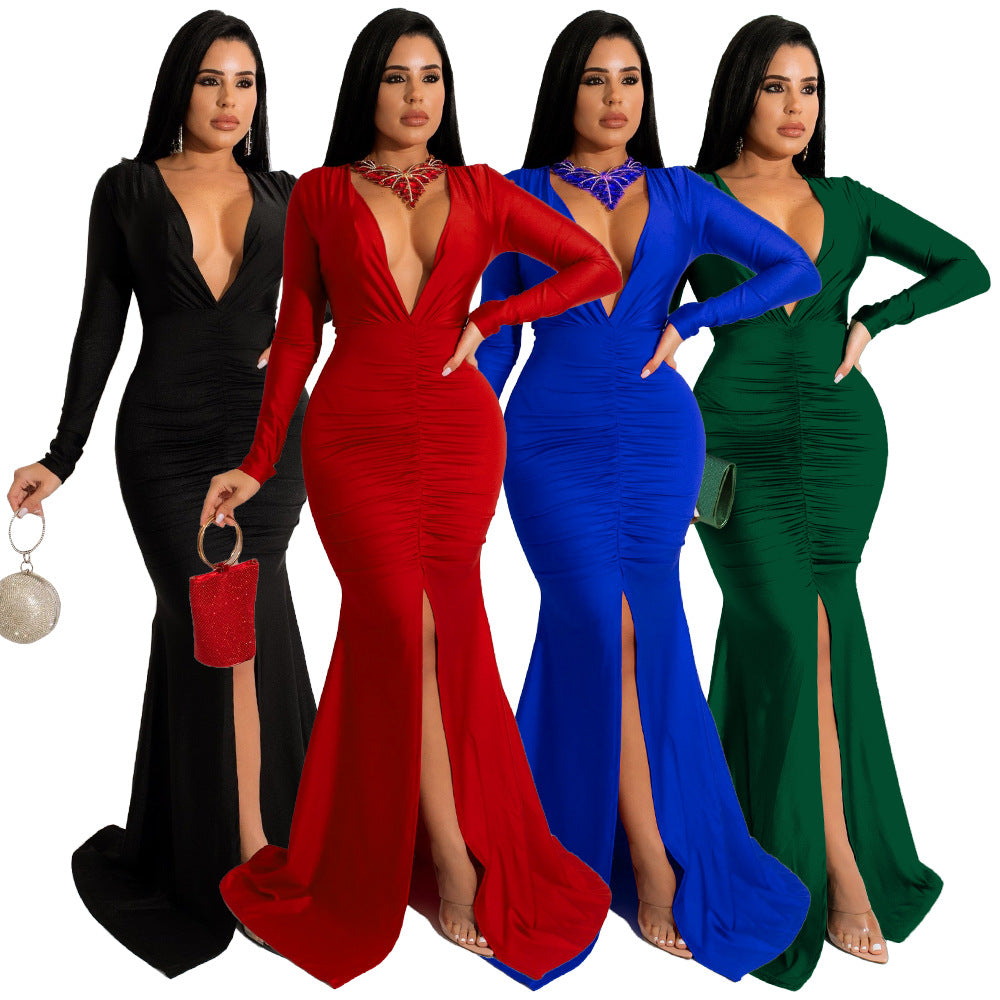 Sexy Solid Color Sexy V-Neck Slit Evening Dress