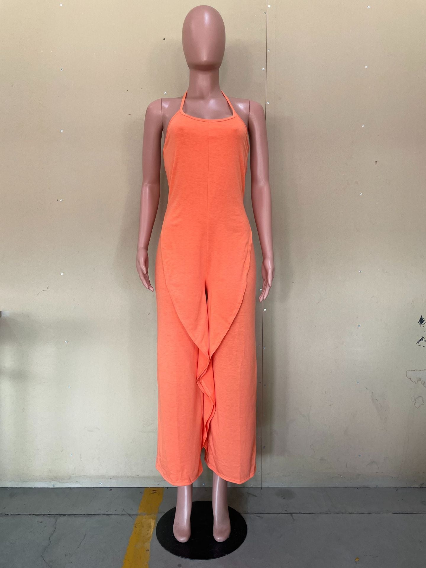 Sexy Solid Ruffled Halter One Piece Jumpsuit