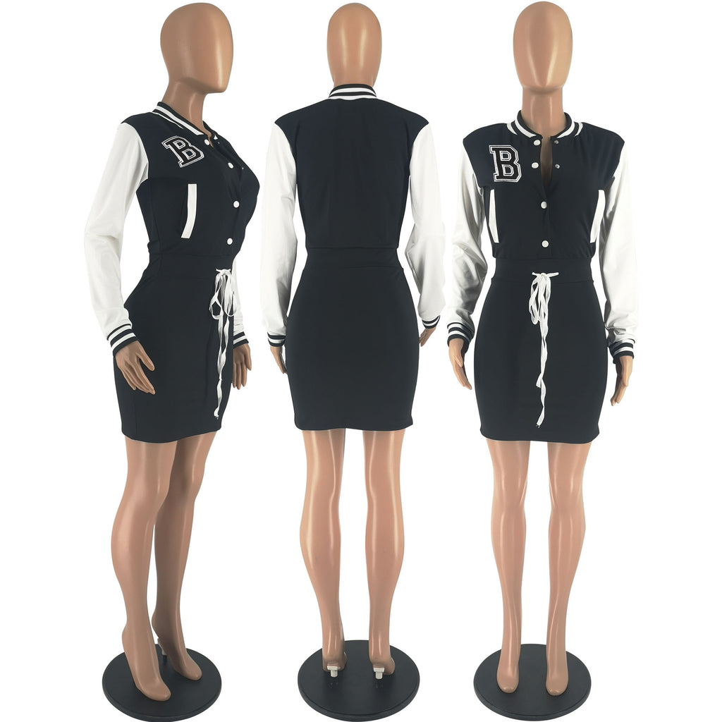 Sexy Letter Long Sleeve Patchwork Baseball Dress