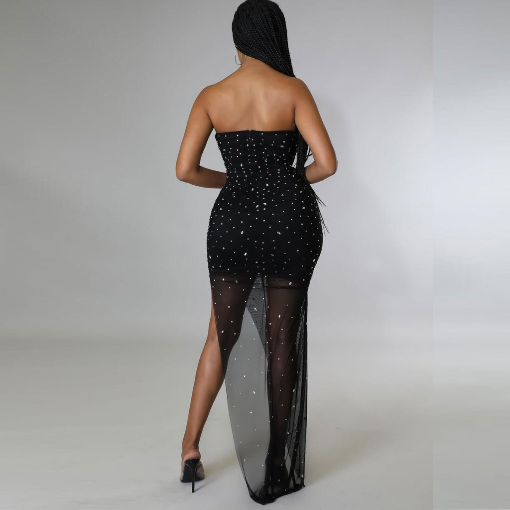 Sexy Plus Size Sexy Slim Tube Top Split Hot Diamond Maxi Dress
