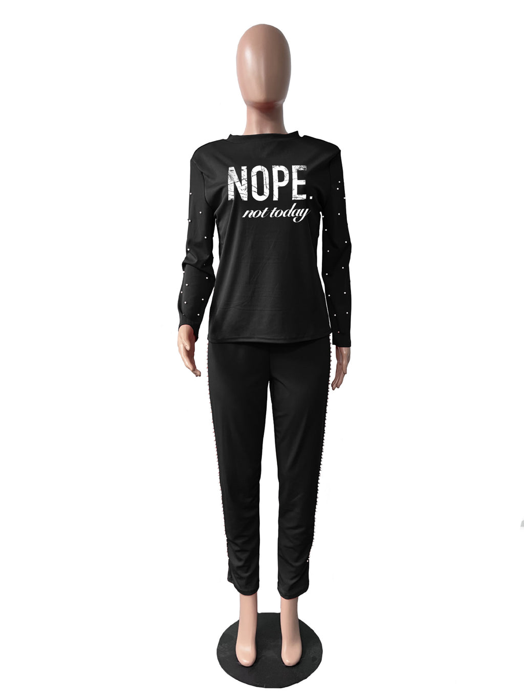 Sexy Pearl Decoration Long Sleeve Print Pant Casual Suit