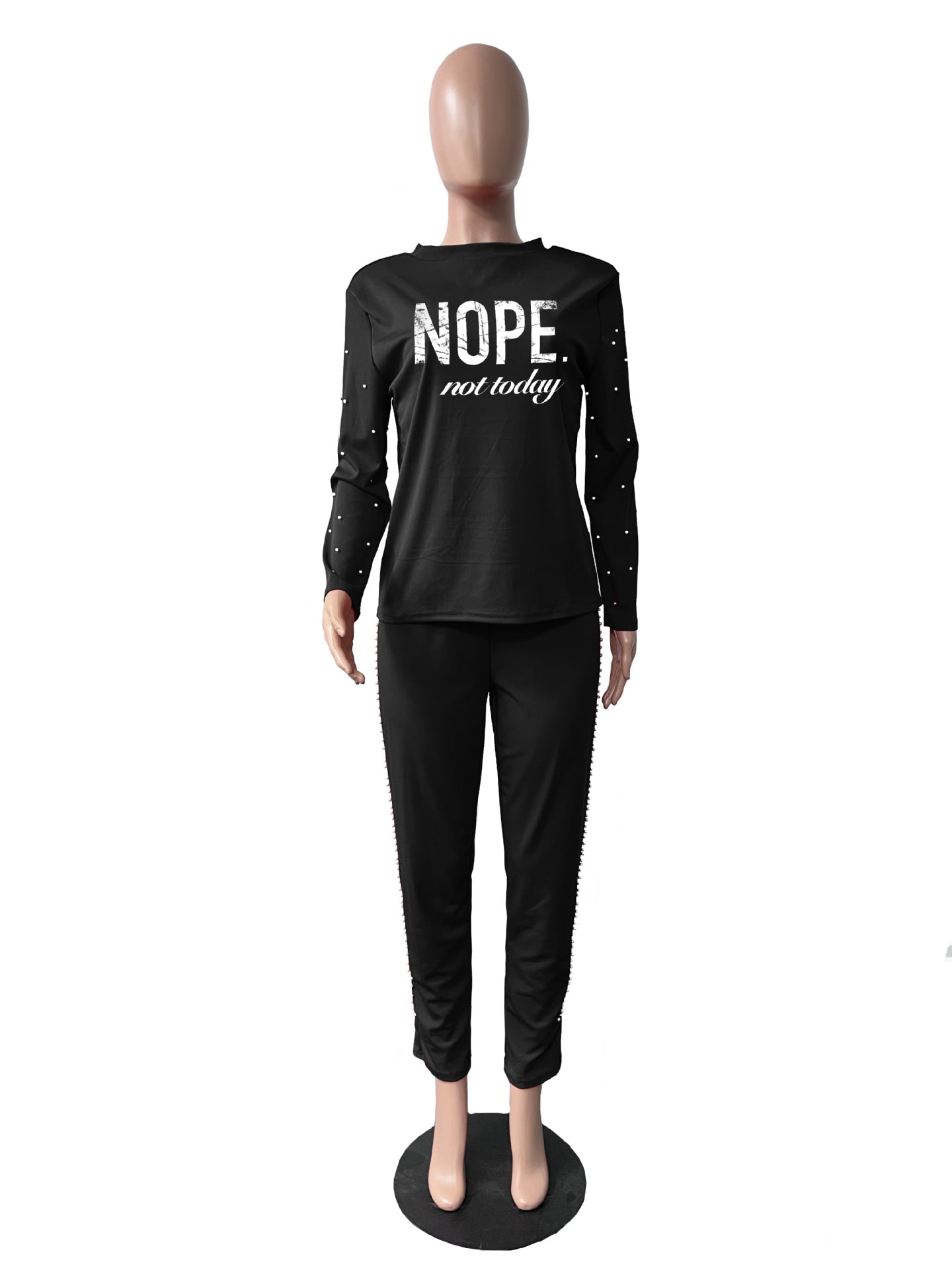 Sexy Pearl Decoration Long Sleeve Print Pant Casual Suit