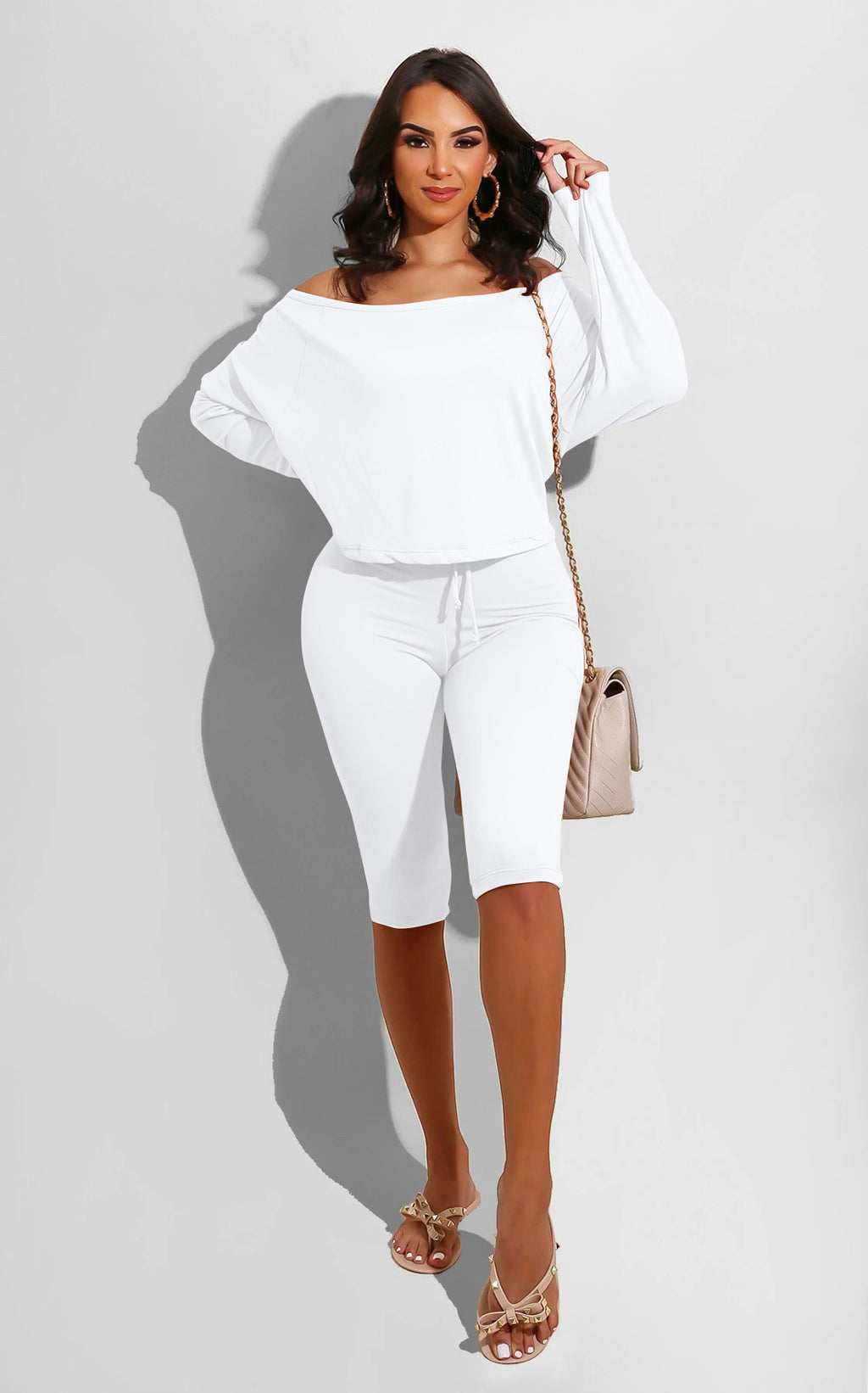 Sexy Solid Long Sleeve Top+Knee Length Pants 2 Piece Sets