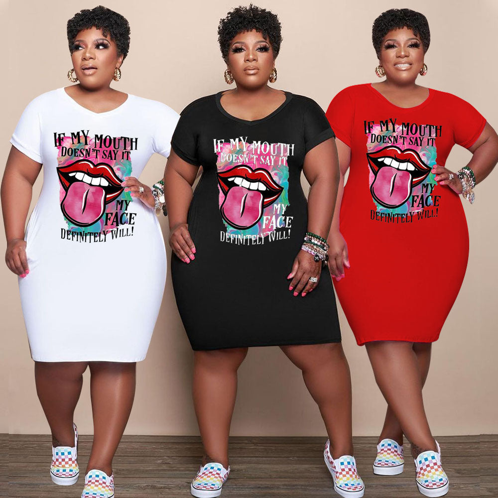 Sexy Plus Size Lip Print Short Sleeve T Shirt Dress