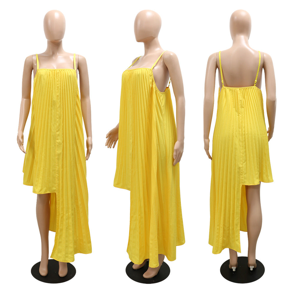 Sexy Plus Size Pleated Irregular Sling Long Dress