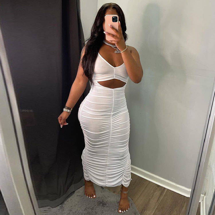 Sexy Solid Sexy Ruched Halter Backless Split Dress