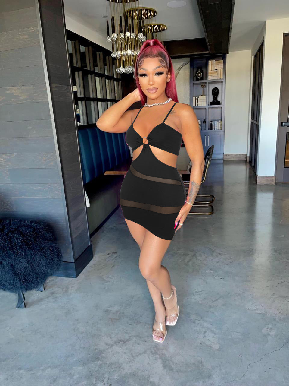Sexy Sexy Mesh Patchwork Hollow Mini Dress