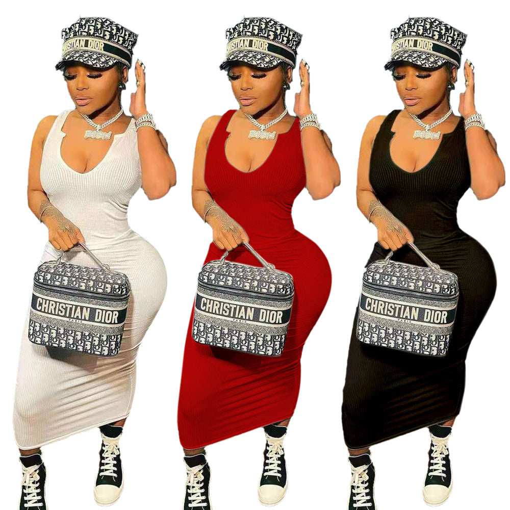 Sexy Solid Color Casual Slim Sleeveless Vest Long Dress