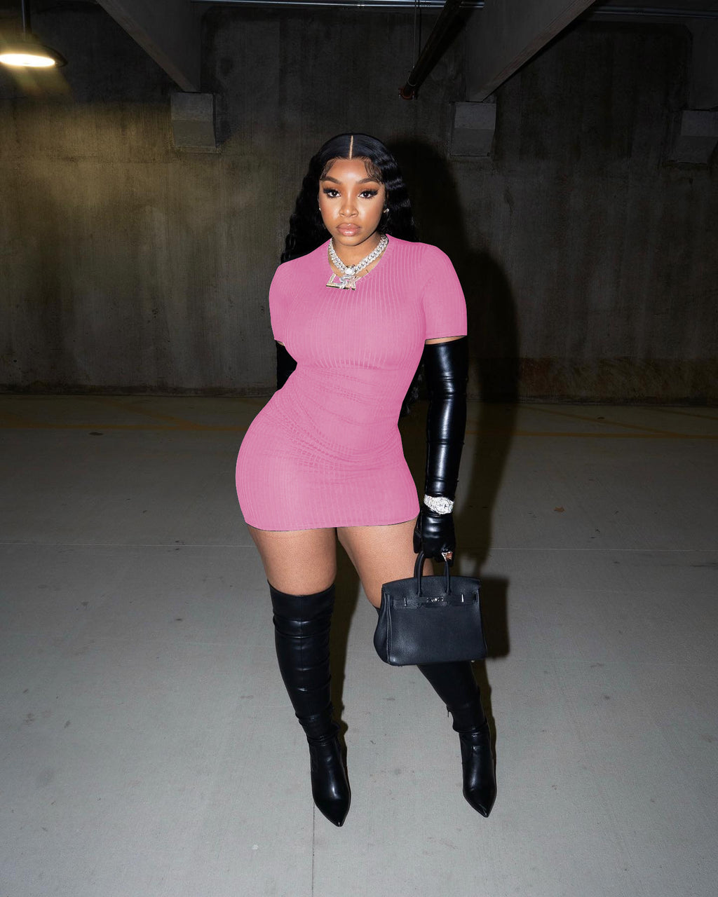 Sexy Solid Ribbed Short Sleeve Slim Mini Dress