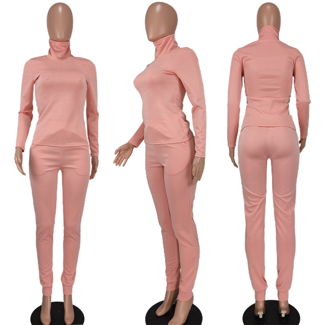 Sexy Solid High Collar Long Sleeve Two Piece Pants Set