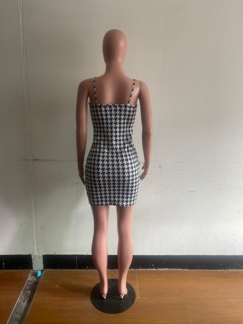 Sexy Plus Size Houndstooth Print Spaghetti Strap Mini Dress
