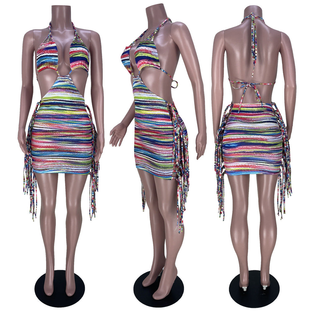 Sexy Sexy Tassel Hollow Out Halter Mini Dress