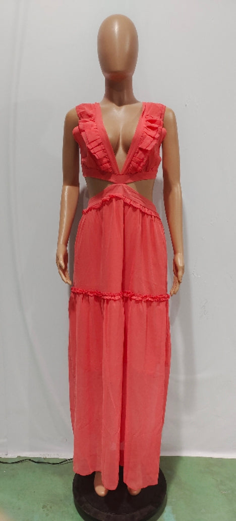 Sexy Sexy Ruffled V Neck Sleeveless Backless Hollow Maxi Dress