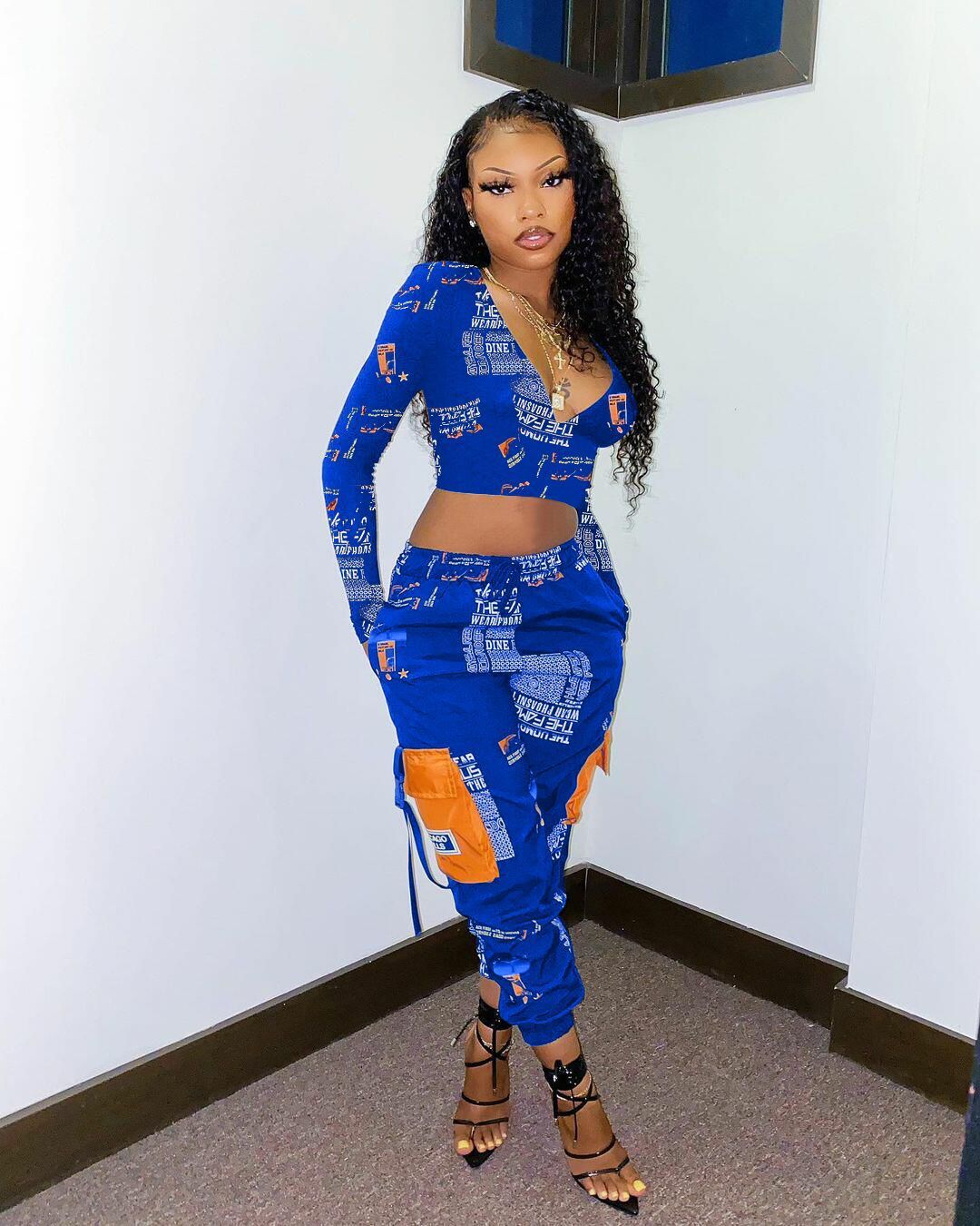 Sexy Sexy Deep V Neck Print Long Sleeve Pant Two Piece Set