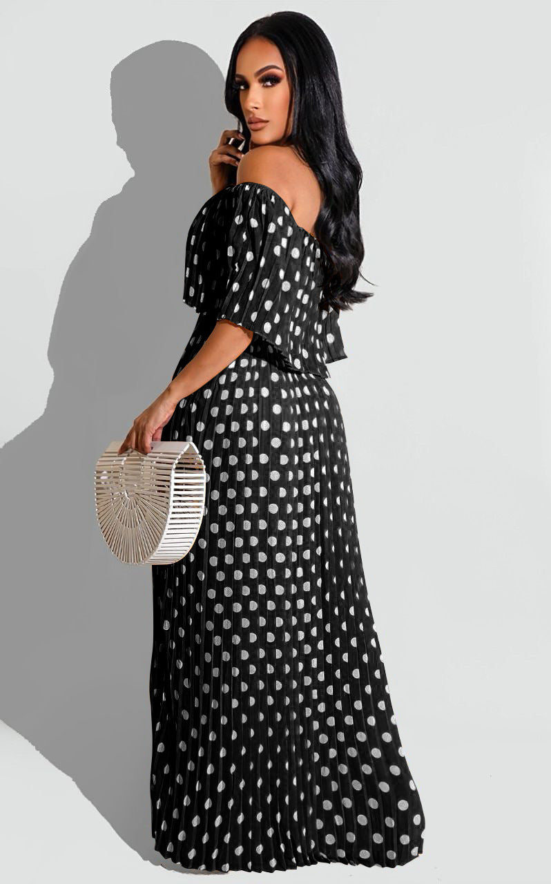 Sexy Chiffon Polka Dot Print Slash Neck Pleated Maxi Dress