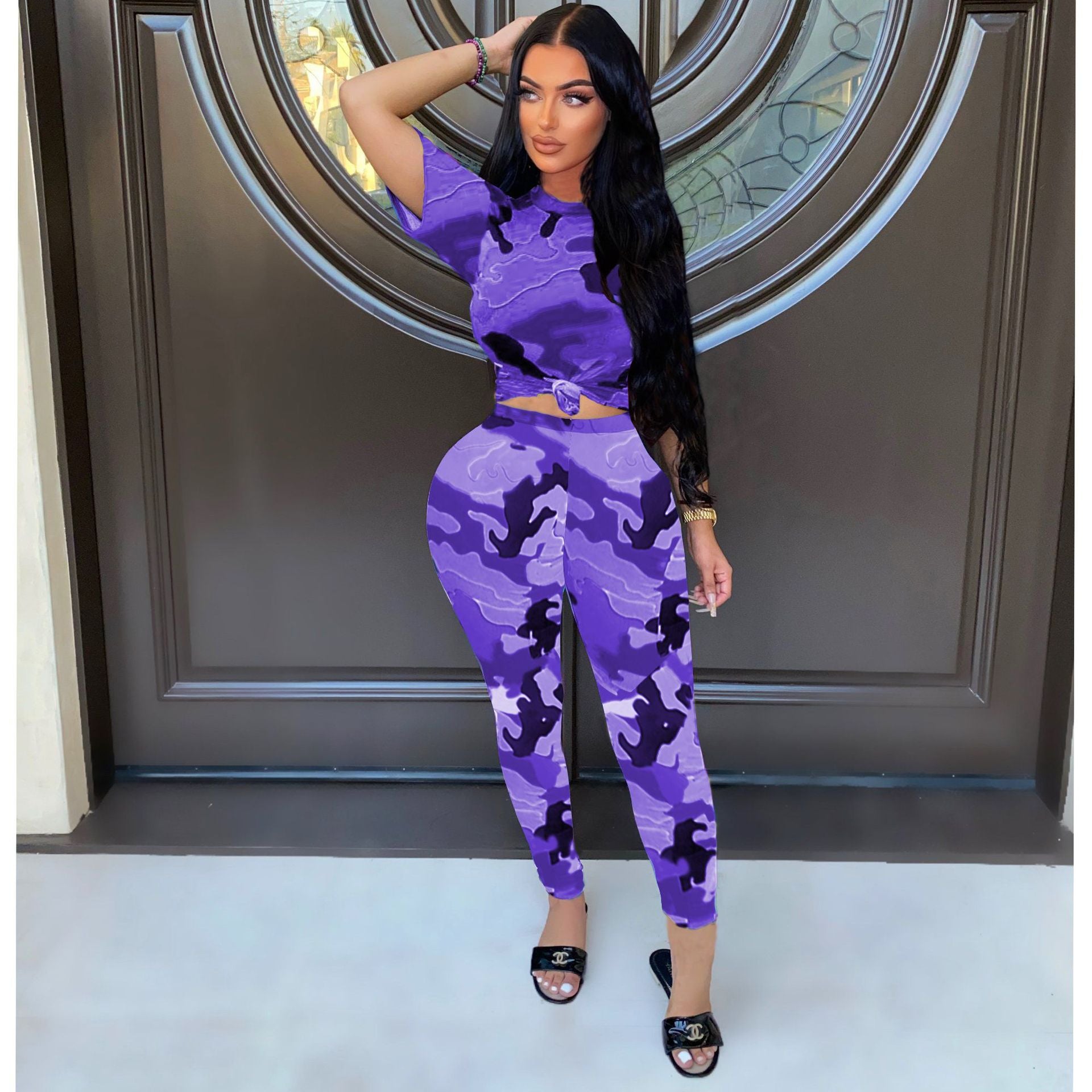 Sexy Print Short Sleeve T Shirt And Pant Two Piece Set