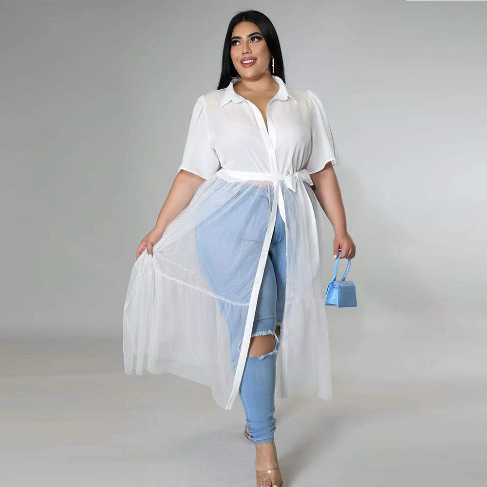 Sexy Plus Size Solid Mesh Patchwork Sashes Maxi Dress