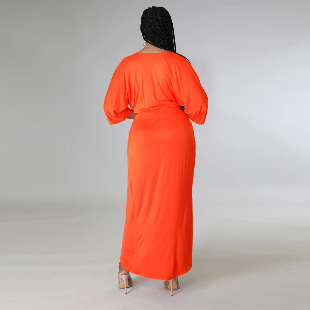 Sexy Solid V Neck 3/4 Sleeve Maxi Dress