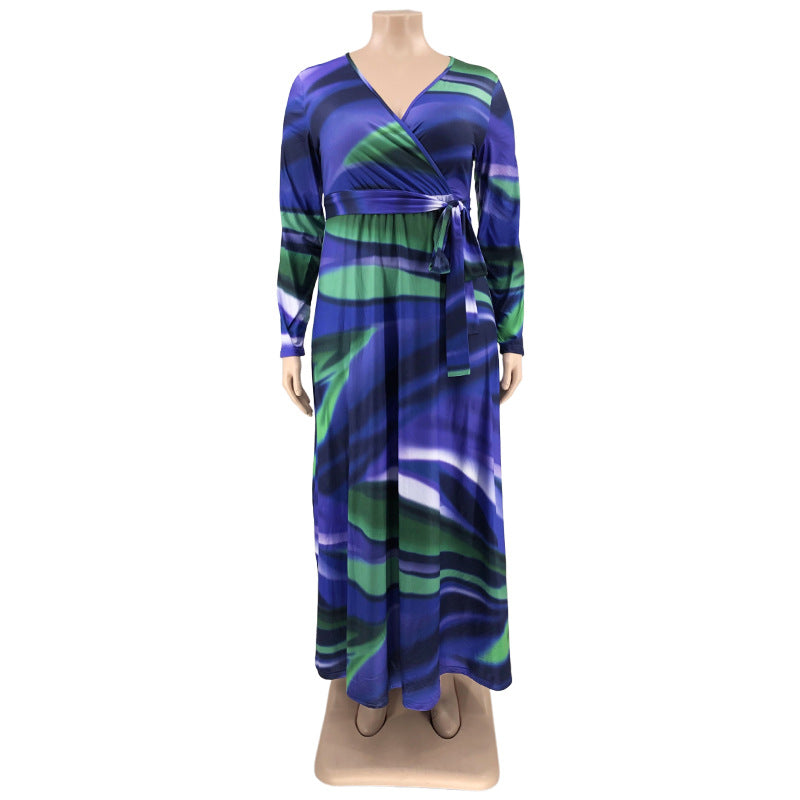 Sexy Plus Size Printed V Neck Long Sleeve Sashes Maxi Dress