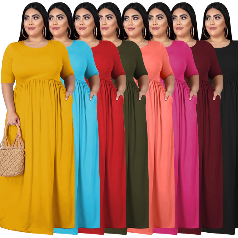 Sexy Plus Size Solid Short Sleeve High Waist Maxi Dress