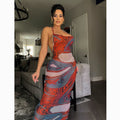 Sexy Sexy Printed Backless Mesh Sling Maxi Dress