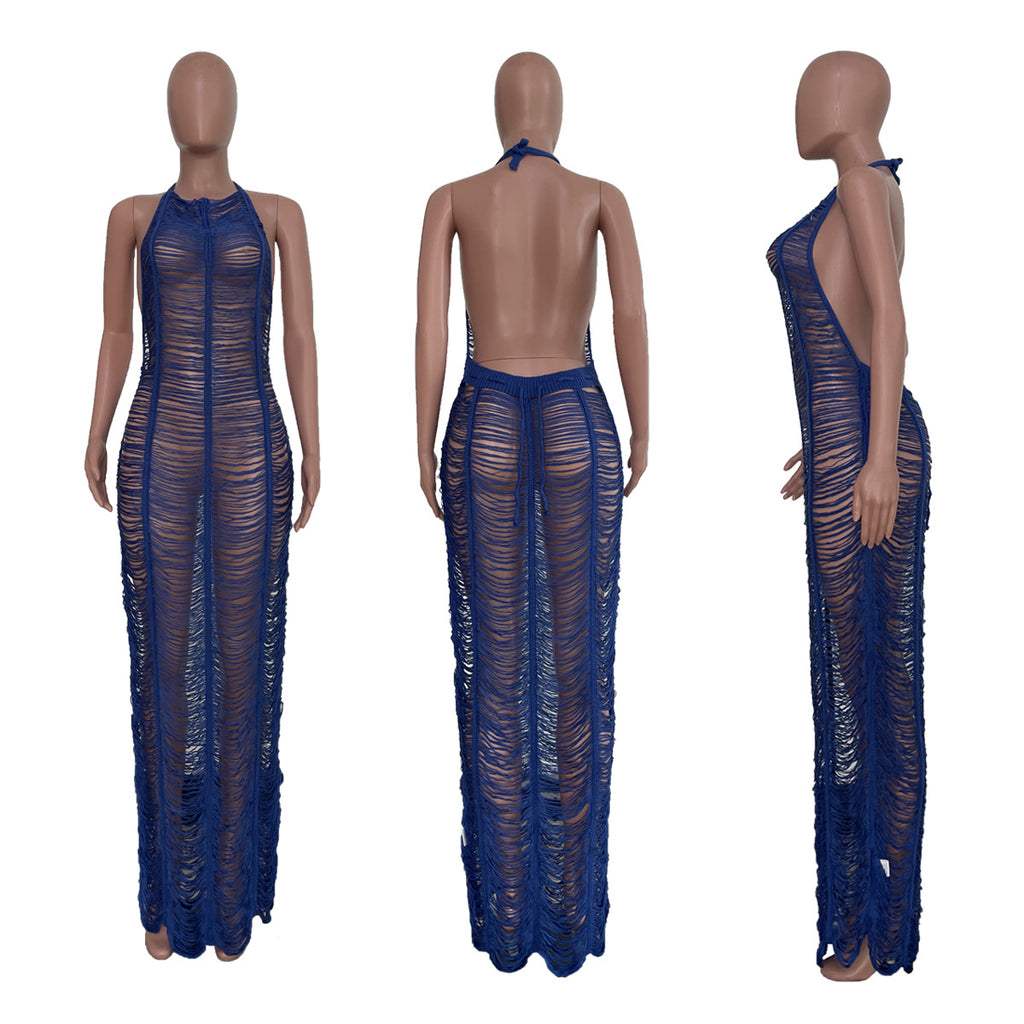 Sexy Solid Knitted Halter Hollow Out Maxi Dress