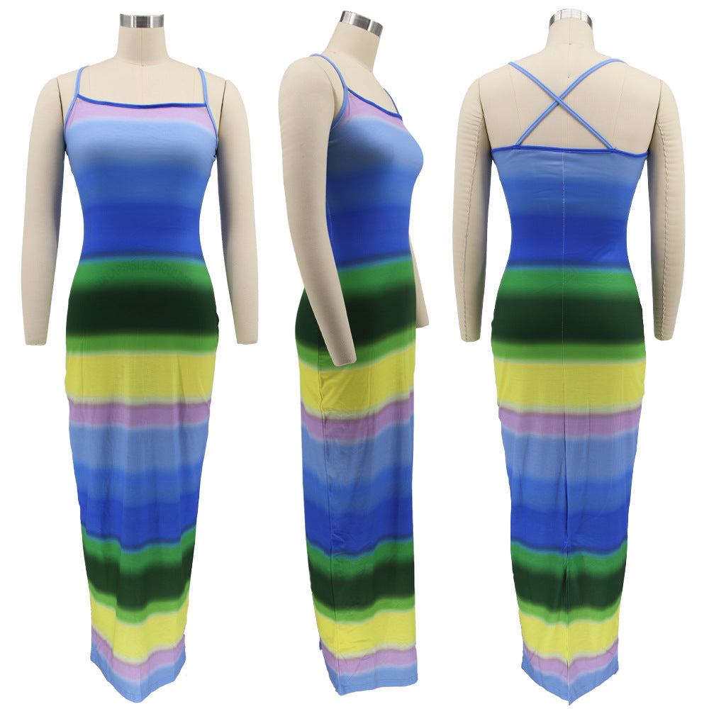 Sexy Rainbow Color Split Slim Maxi Dress