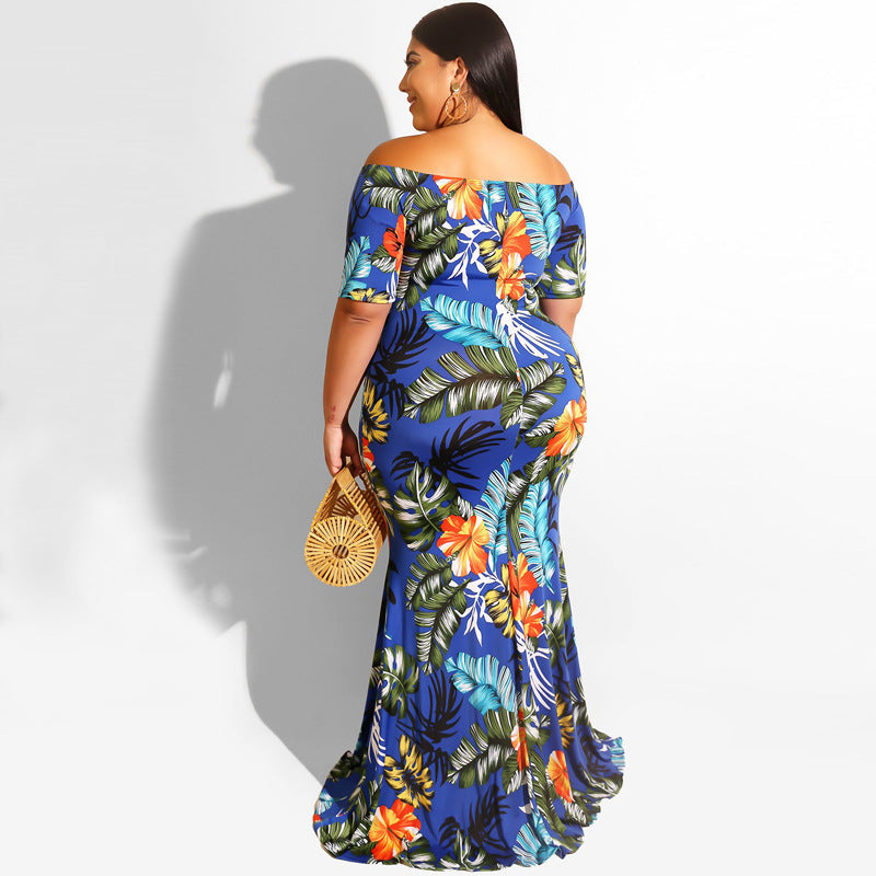 Sexy Plus Size Floral Print Off Shoulder Maxi Dress