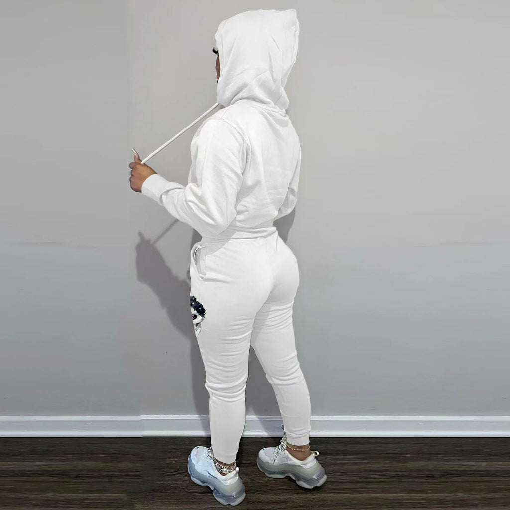 Sexy Skull Print Long Sleeve Hooded Two Piece Set