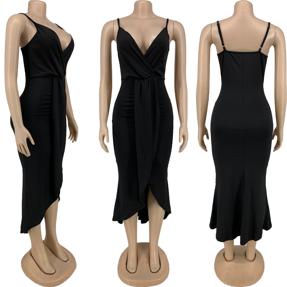 Sexy Plus Size Solid V Neck Spaghetti Strap Midi Dress