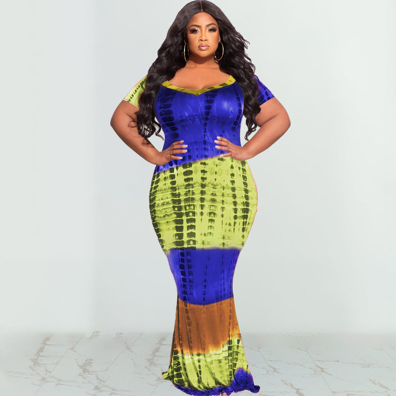 Sexy Plus Size Tie Dye Print Short Sleeve Maxi Dress