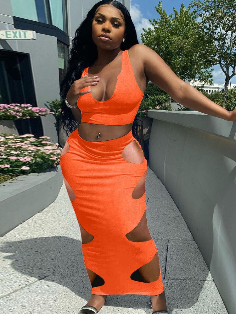 Sexy Solid Sleeveless Hole Long Skirt Two Piece Sets