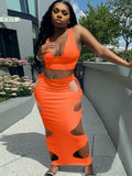 Sexy Solid Sleeveless Hole Long Skirt Two Piece Sets