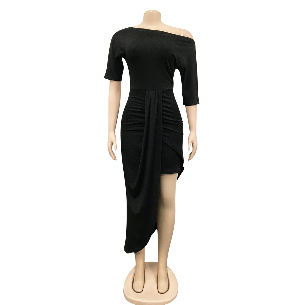 Sexy Solid Short Sleeve Irregular Bodycon Dress