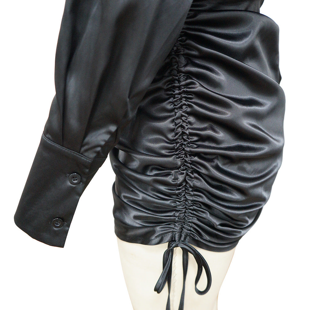 Sexy Solid Long Sleeve Drawstring Pleated Lapel Shirts Dress