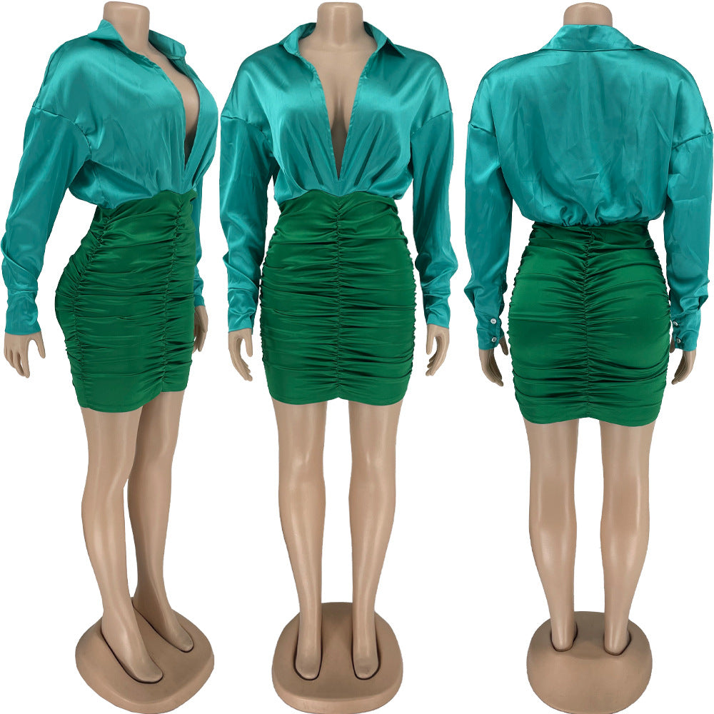 Sexy Sexy Deep V Neck Long Sleeve Ruched Mini Dress