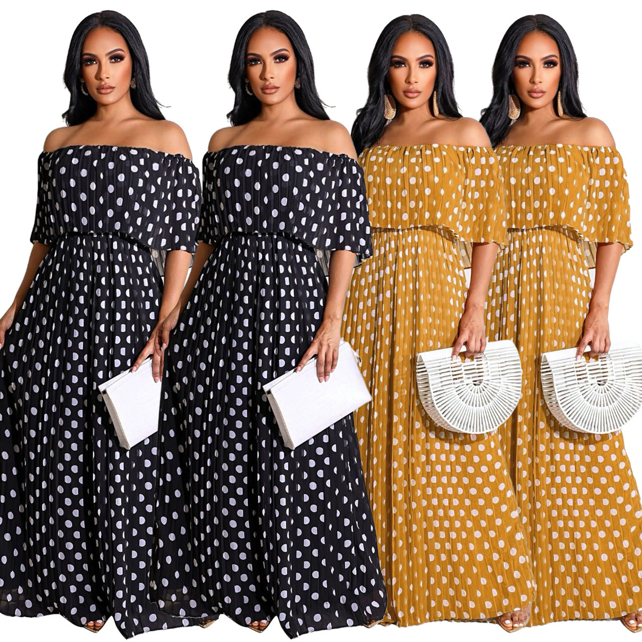 Sexy Chiffon Polka Dot Print Slash Neck Pleated Maxi Dress